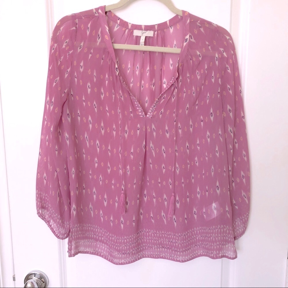 Joie Auberon Long-Sleeve Ikat-Print Sheer Blouse S